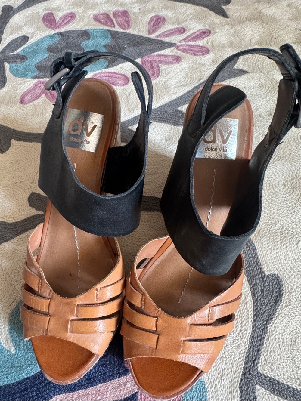 Dolce Vita Black & Tan Two-Tone Leather Wedge Sandals
